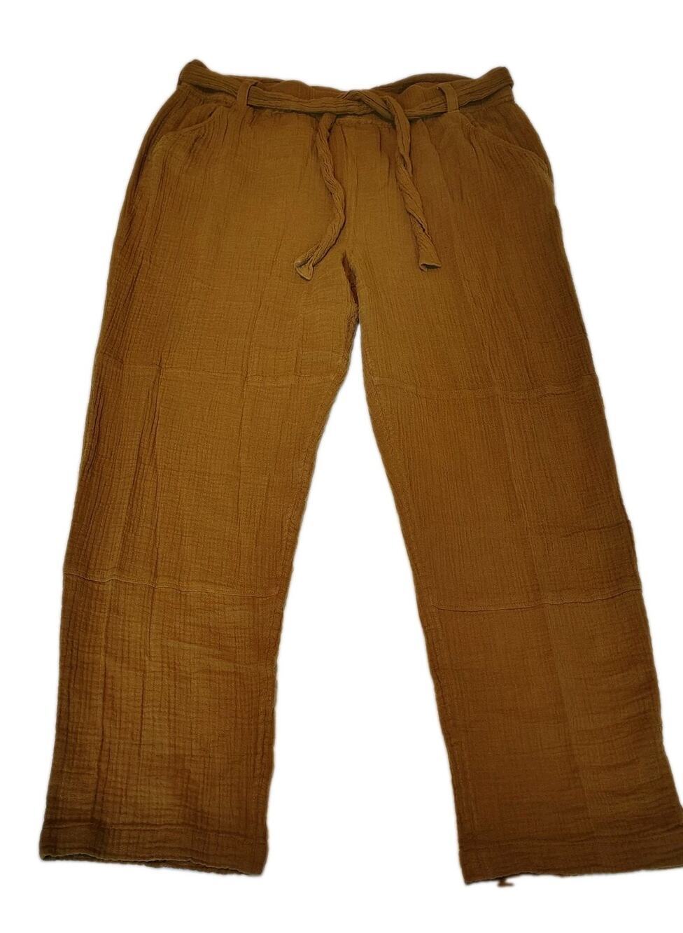 Garnet Hill Organic Cotton Gauze Wide Leg Pants Brown Mustard Ochre Sze XL